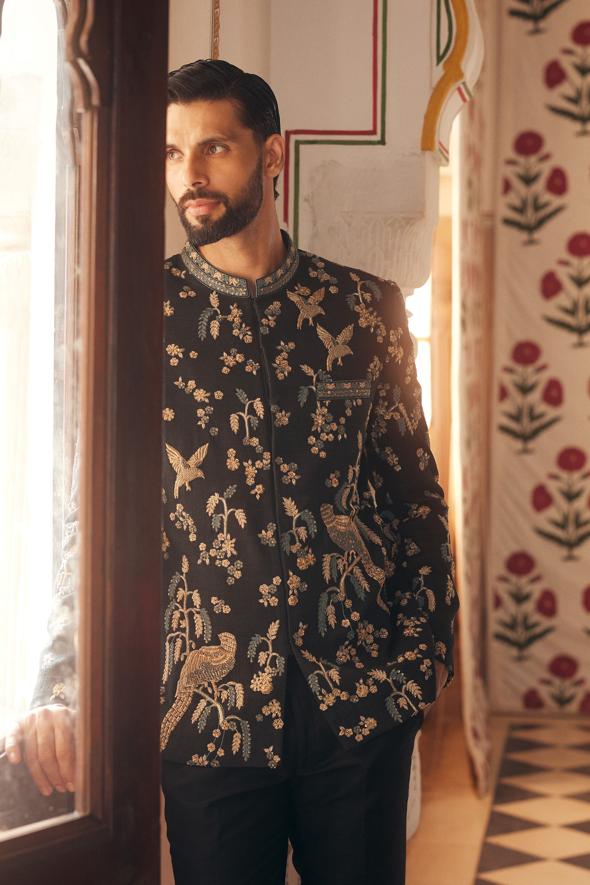 Azar Hand-embroidered Silk Bandhgala - Black, Black, image 4